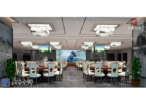 新中式餐厅设计采用祥云为墙景清新舒雅的装修效果
