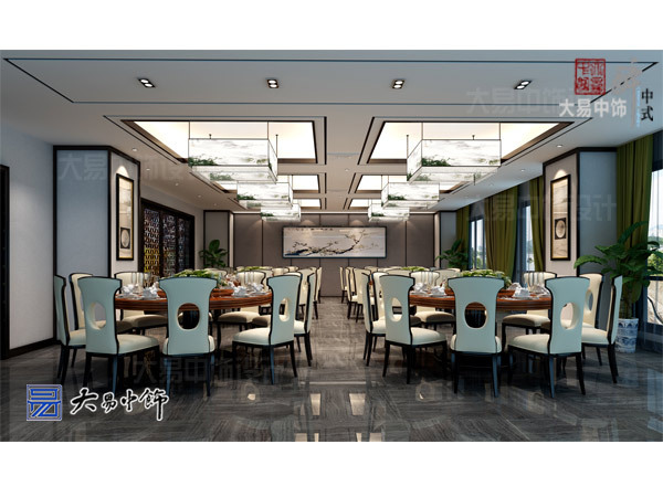 新中式餐廳設計采用祥云為墻景清新舒雅的裝修效果